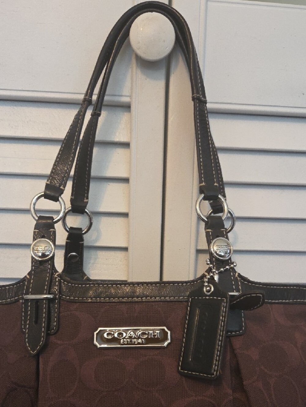 COACH Brown Signature Jacquard Tote with Leather Trim - Picture 3 of 9